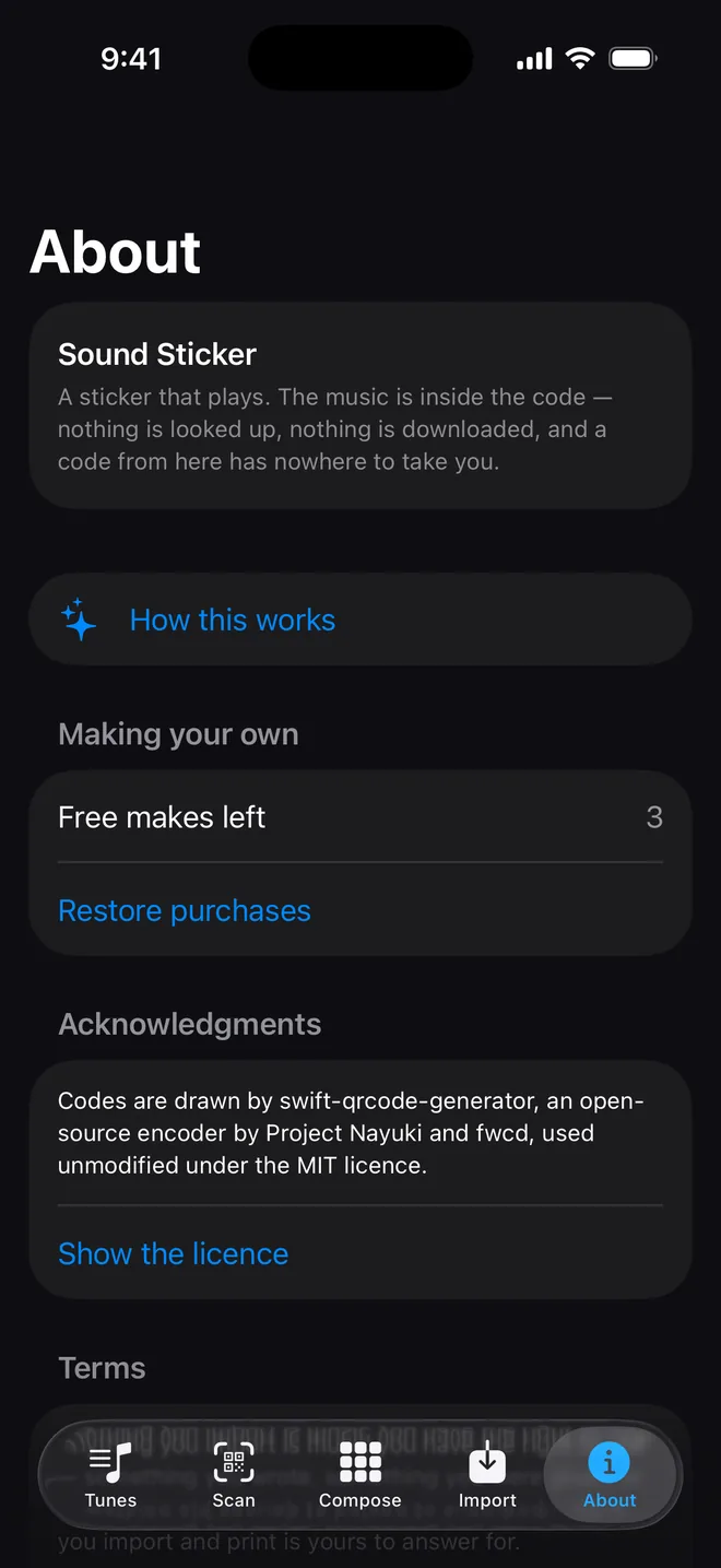 The About screen, showing free makes remaining and acknowledgments
