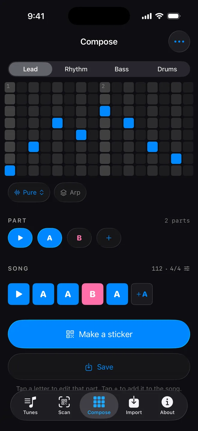 The Compose screen: a grid of squares where time runs left to right and pitch bottom to top, with parts chained into a song underneath.