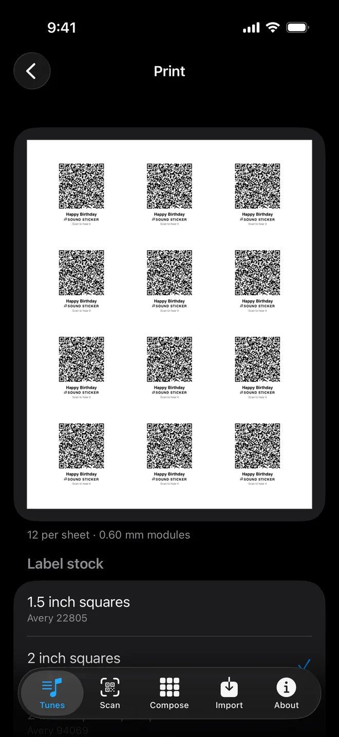 The print screen, showing a sheet of twelve labels