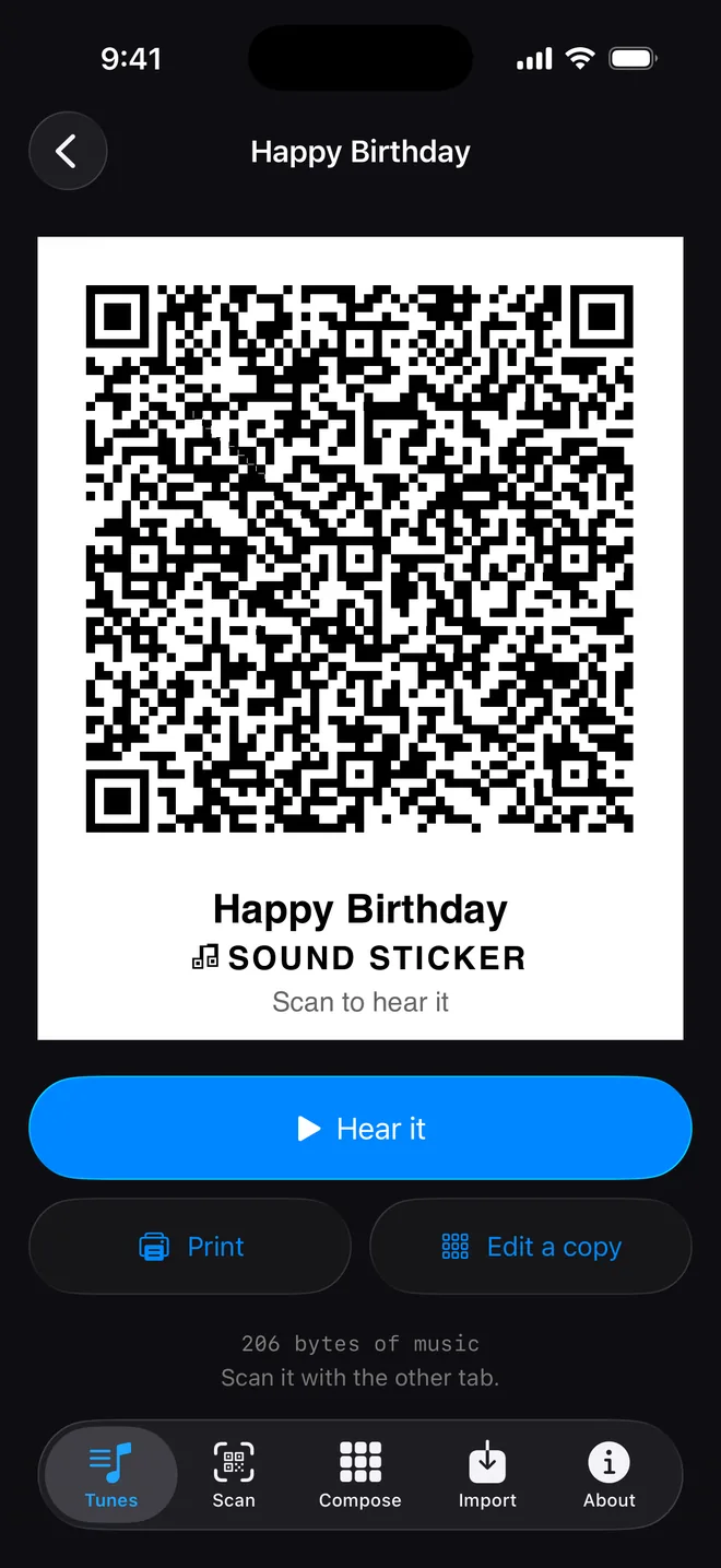 Happy Birthday shown as a QR code with a Hear it button