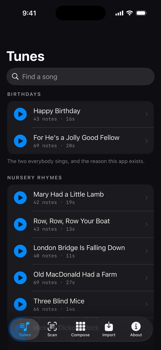 The Tunes tab, listing songs with their note counts and lengths